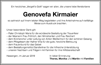 Traueranzeige von Genovefa Kirmaier von Memminger Zeitung