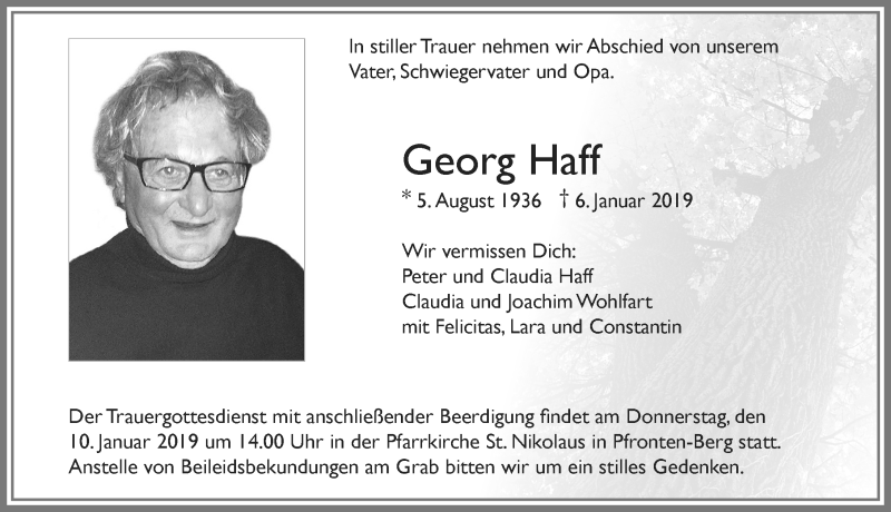  Traueranzeige für Georg Haff vom 09.01.2019 aus Allgäuer Zeitung, Füssen
