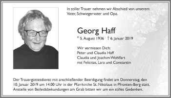 Traueranzeige von Georg Haff von Allgäuer Zeitung, Füssen