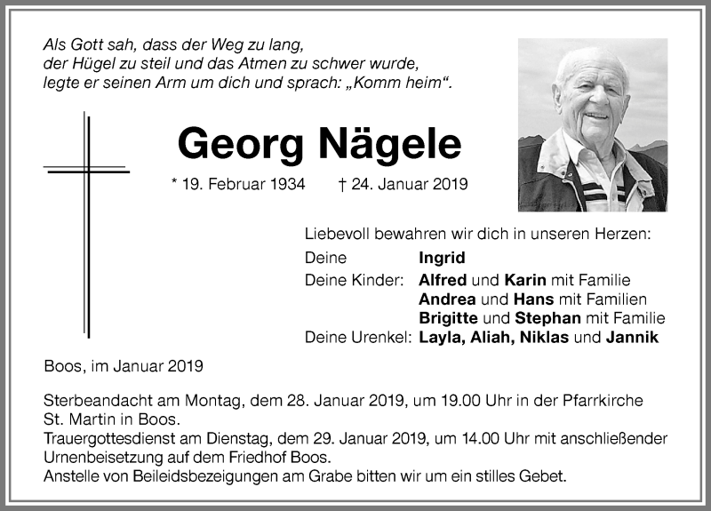  Traueranzeige für Georg Nägele vom 26.01.2019 aus Memminger Zeitung