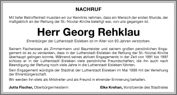 Traueranzeige von Georg Rehklau von Memminger Zeitung