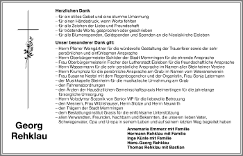 Traueranzeige von Georg Rehklau von Memminger Zeitung