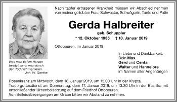 Traueranzeige von Gerda Halbreiter von Memminger Zeitung