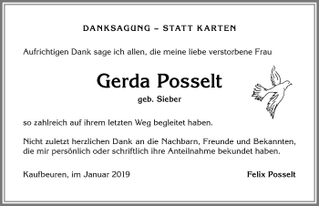 Traueranzeige von Gerda Posselt von Allgäuer Zeitung, Kaufbeuren/Buchloe