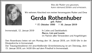 Traueranzeige von Gerda Rothenhuber von Allgäuer Anzeigeblatt