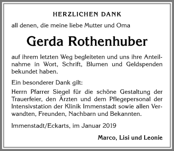 Traueranzeige von Gerda Rothenhuber von Allgäuer Anzeigeblatt