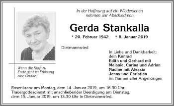 Traueranzeige von Gerda Stankalla von Allgäuer Zeitung,Kempten