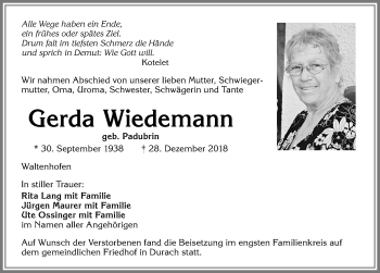 Traueranzeige von Gerda Wiedemann von Allgäuer Zeitung,Kempten