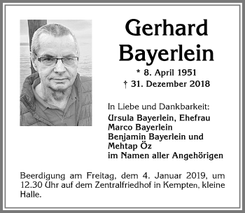 Traueranzeige von Gerhard Bayerlein von Allgäuer Zeitung,Kempten