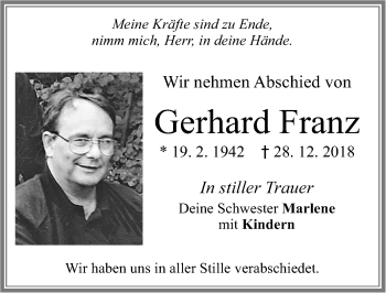 Traueranzeige von Gerhard Franz von Allgäuer Zeitung, Füssen