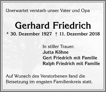 Traueranzeige von Gerhard Friedrich von Allgäuer Zeitung, Kaufbeuren/Buchloe