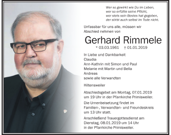 Traueranzeige von Gerhard Rimmele von Der Westallgäuer