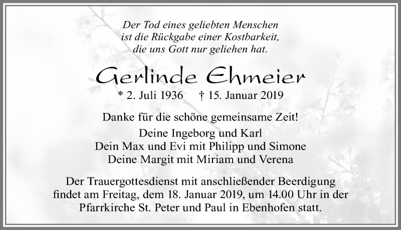  Traueranzeige für Gerlinde Ehmeier vom 17.01.2019 aus Allgäuer Zeitung, Marktoberdorf