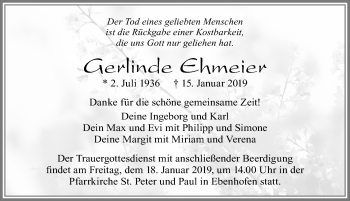 Traueranzeige von Gerlinde Ehmeier von Allgäuer Zeitung, Marktoberdorf