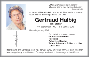 Traueranzeige von Gertraud Halbig von Memminger Zeitung