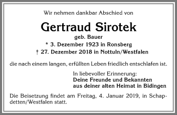 Traueranzeige von Gertraud Sirotek von Allgäuer Zeitung, Marktoberdorf