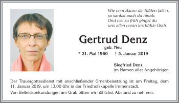 Traueranzeige von Gertrud Denz von Allgäuer Anzeigeblatt