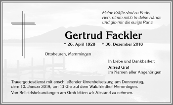 Traueranzeige von Gertrud Fackler von Memminger Zeitung