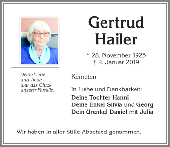Traueranzeige von Gertrud Hailer von Allgäuer Zeitung,Kempten
