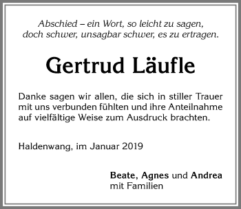 Traueranzeige von Gertrud Läufle von Allgäuer Zeitung,Kempten
