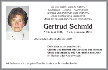 Traueranzeige von Gertrud Schmid von Allgäuer Anzeigeblatt