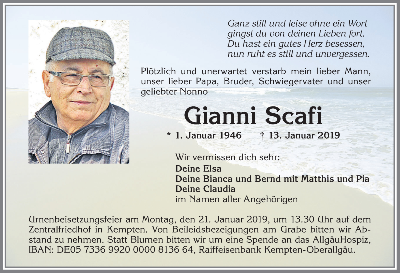  Traueranzeige für Gianni Scafi vom 17.01.2019 aus Allgäuer Zeitung,Kempten