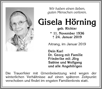 Traueranzeige von Gisela Hörning von Allgäuer Zeitung, Marktoberdorf