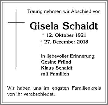 Traueranzeige von Gisela Schaidt von Allgäuer Zeitung, Kaufbeuren/Buchloe