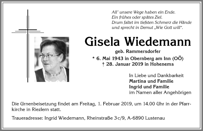  Traueranzeige für Gisela Wiedemann vom 31.01.2019 aus Allgäuer Anzeigeblatt