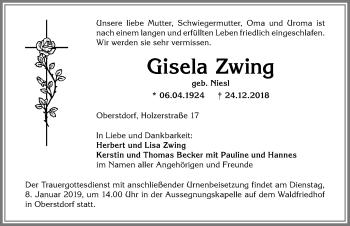 Traueranzeige von Gisela Zwing von Allgäuer Anzeigeblatt