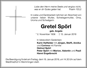 Traueranzeige von Gretel Spörl von Memminger Zeitung