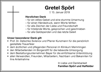 Traueranzeige von Gretel Spörl von Memminger Zeitung