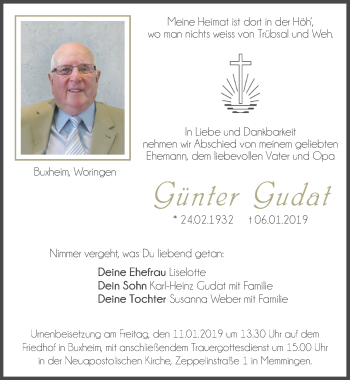 Traueranzeige von Günter Gudat von Memminger Zeitung