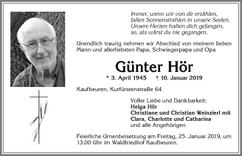 Traueranzeige von Günter Hör von Allgäuer Zeitung, Kaufbeuren/Buchloe