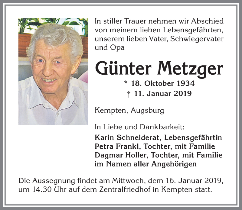  Traueranzeige für Günter Metzger vom 15.01.2019 aus Allgäuer Zeitung,Kempten