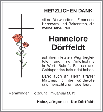 Traueranzeige von Hannelore Dörffeldt von Memminger Zeitung