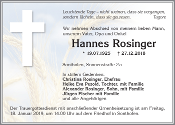 Traueranzeige von Hannes Rosinger von Allgäuer Anzeigeblatt