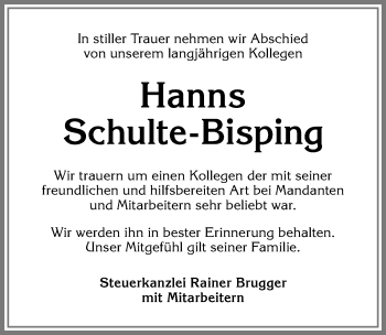 Traueranzeige von Hanns Schulte-Bisping von Allgäuer Zeitung,Kempten
