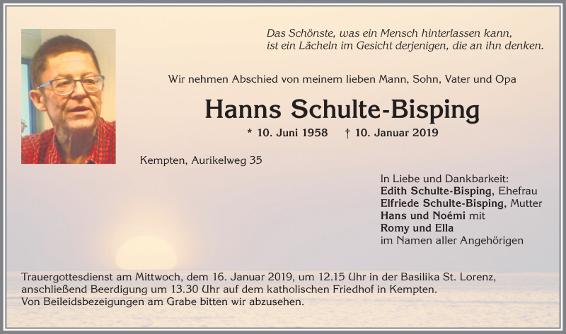  Traueranzeige für Hanns Schulte-Bisping vom 12.01.2019 aus Allgäuer Zeitung