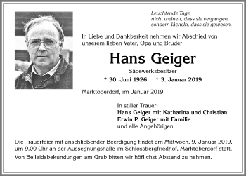 Traueranzeige von Hans Geiger von Allgäuer Zeitung, Marktoberdorf