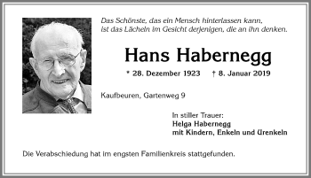 Traueranzeige von Hans Habernegg von Allgäuer Zeitung, Kaufbeuren/Buchloe