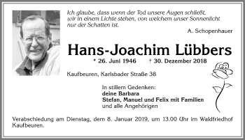 Traueranzeige von Hans-Joachim Lübbers von Allgäuer Zeitung, Kaufbeuren/Buchloe