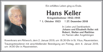 Traueranzeige von Hans Keller von Allgäuer Zeitung, Kaufbeuren/Buchloe