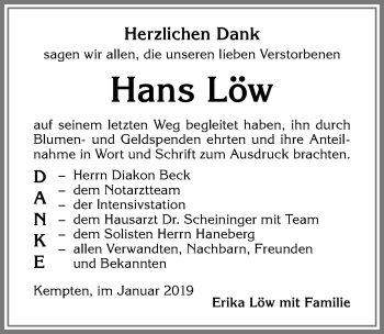 Traueranzeige von Hans Löw von Allgäuer Zeitung,Kempten