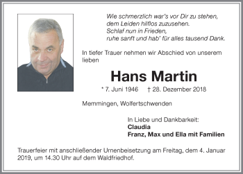 Traueranzeige von Hans Martin von Memminger Zeitung