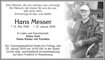Traueranzeige von Hans Messer von Allgäuer Zeitung, Füssen