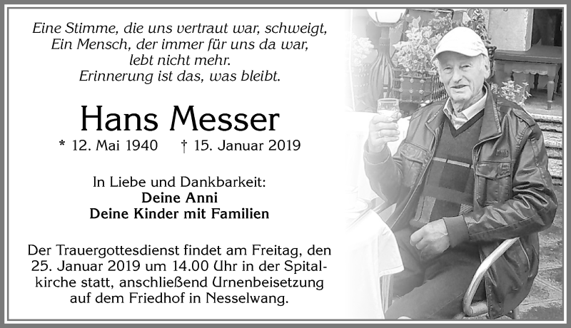  Traueranzeige für Hans Messer vom 22.01.2019 aus Allgäuer Zeitung, Füssen
