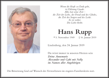 Traueranzeige von Hans Rupp von Der Westallgäuer