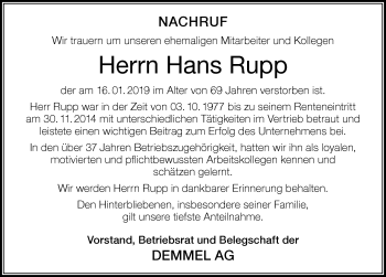 Traueranzeige von Hans Rupp von Der Westallgäuer