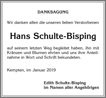 Traueranzeige von Hans Schulte-Bisping von Allgäuer Zeitung